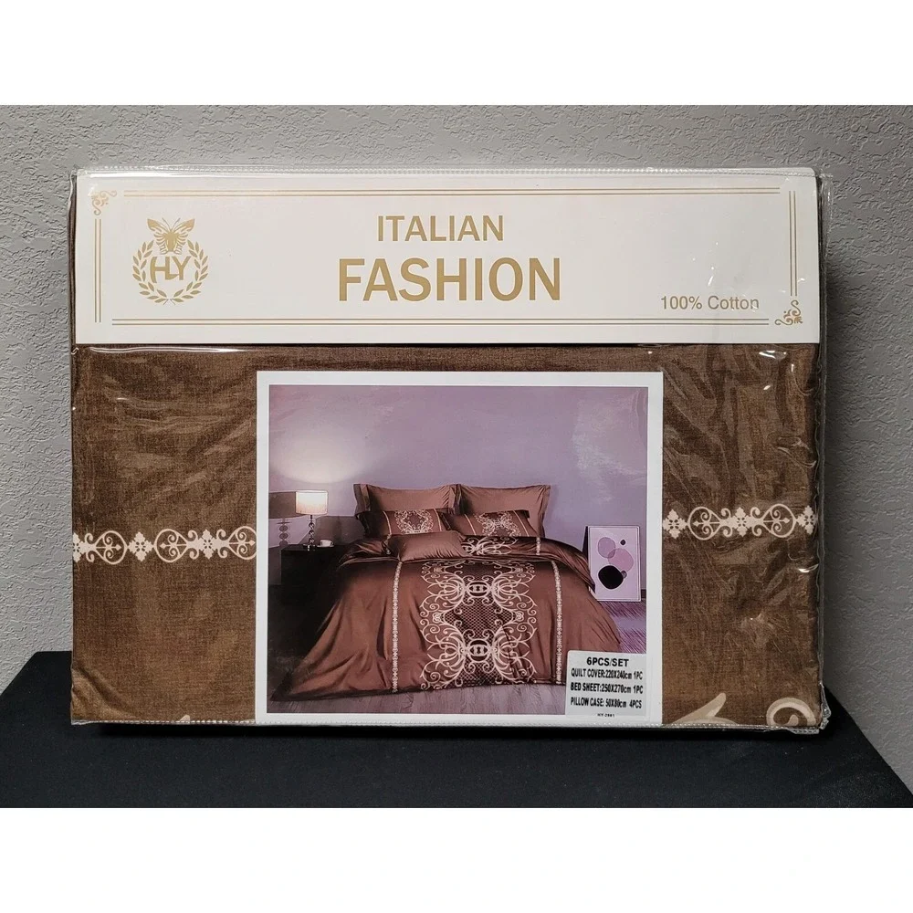 Italian Fashion Queen Size Duvet Cover Set 6 Pc Design #HY-2901 Brown
